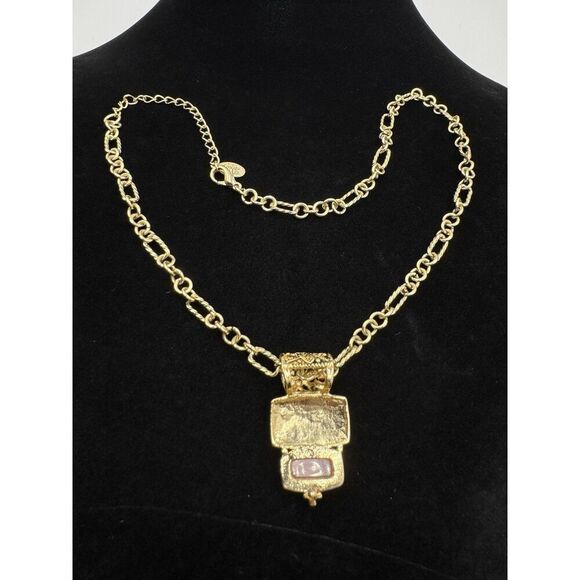 Cookie Lee Gold Tone Pink Cats Eye Floral Pendant Oval Round Link Necklace - Picture 5 of 9